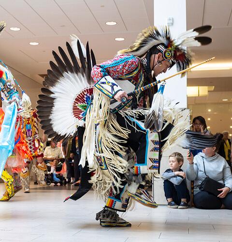 Two Indigenous dancers in feathered regalia performing before a mall crowd