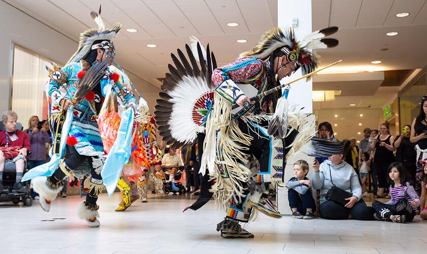 Two Indigenous dancers in feathered regalia performing as spectators watch