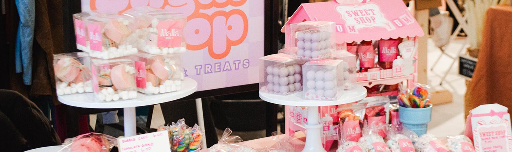 Pink Malla Mrkt sweet shop display with candy, treats and marshmallows
