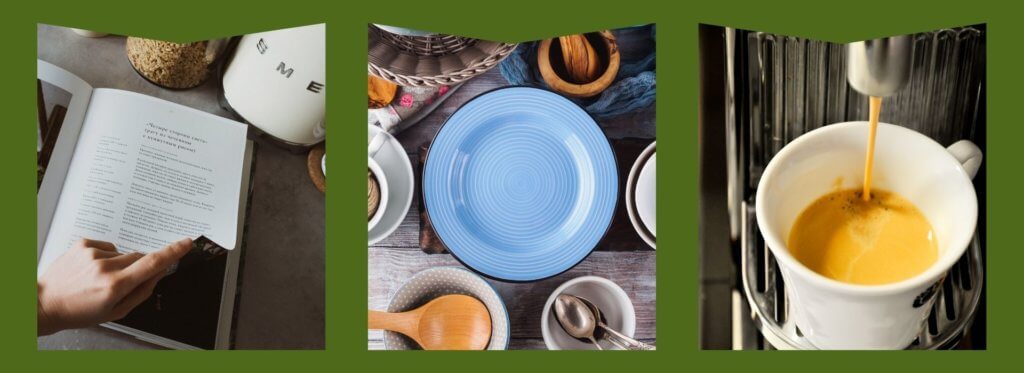 Recipe book, Colourful plates, Coffee cup