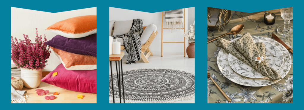 Stack of colourful pillows, Decorative Rug, Plate decoration