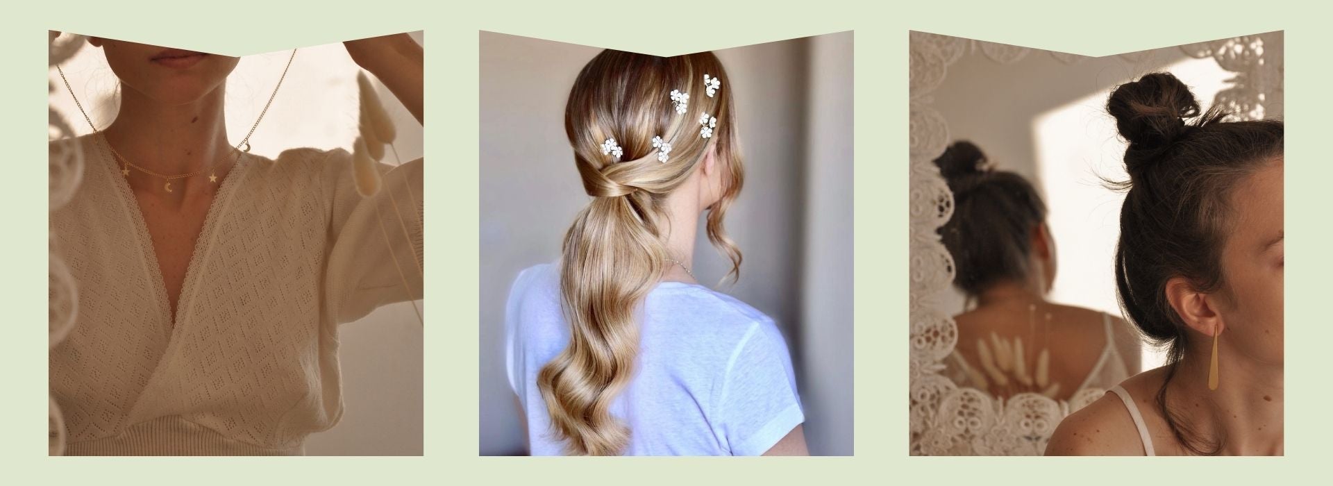 Gold necklace, flower braid, gold earrings