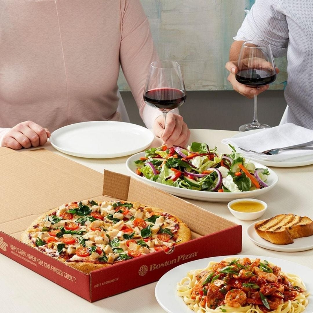 Pizza and wine takeout from Boston Pizza