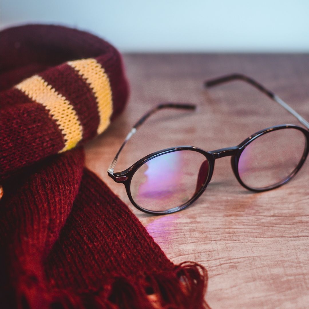 Harry Potter-themed scarf and glasses