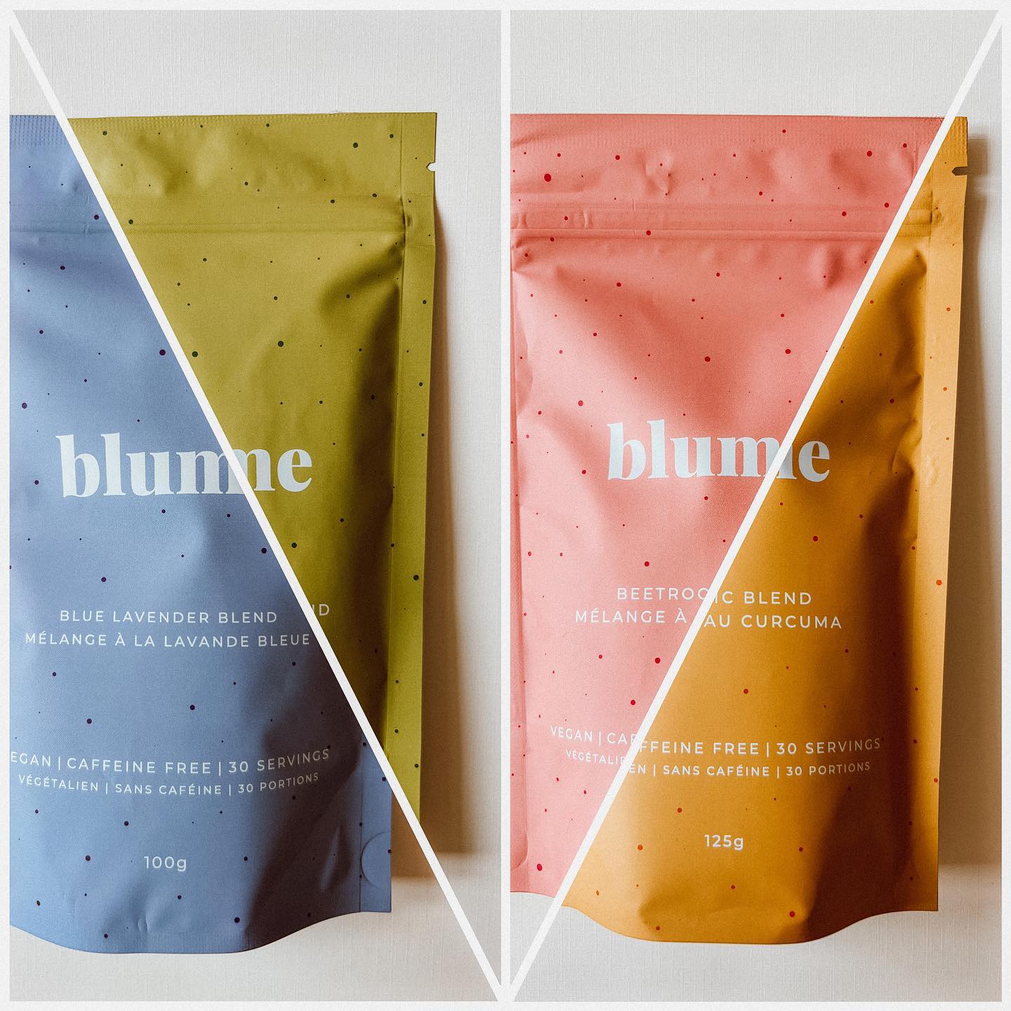 Four different flavours of Blume products are displayed.