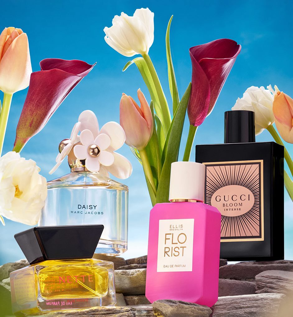 Perfume bottles from Sephora styled with flowers