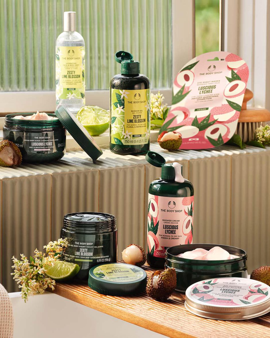 various the Body Shop products displayed on a shelf