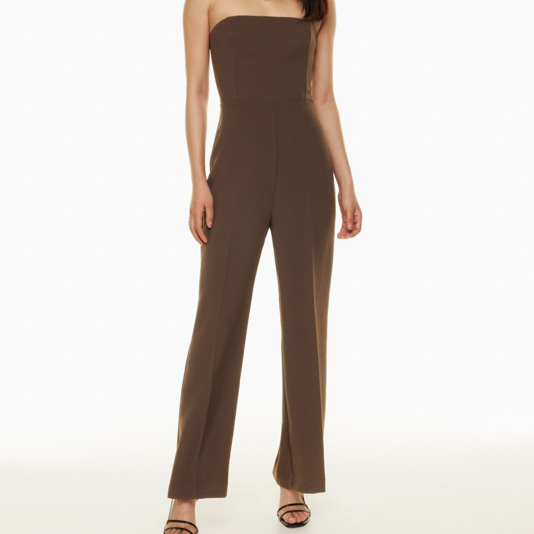 image of a model wearing a brown strapless jumpsuit