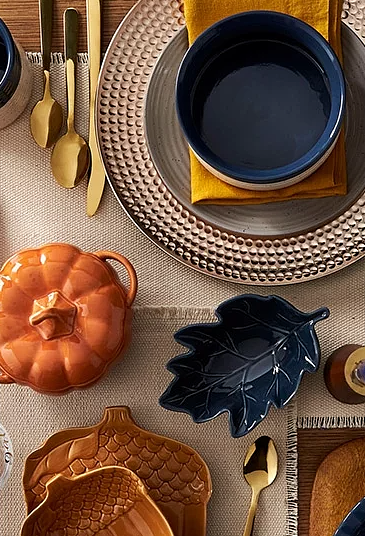 fall themed dishware and table setting on a dining table