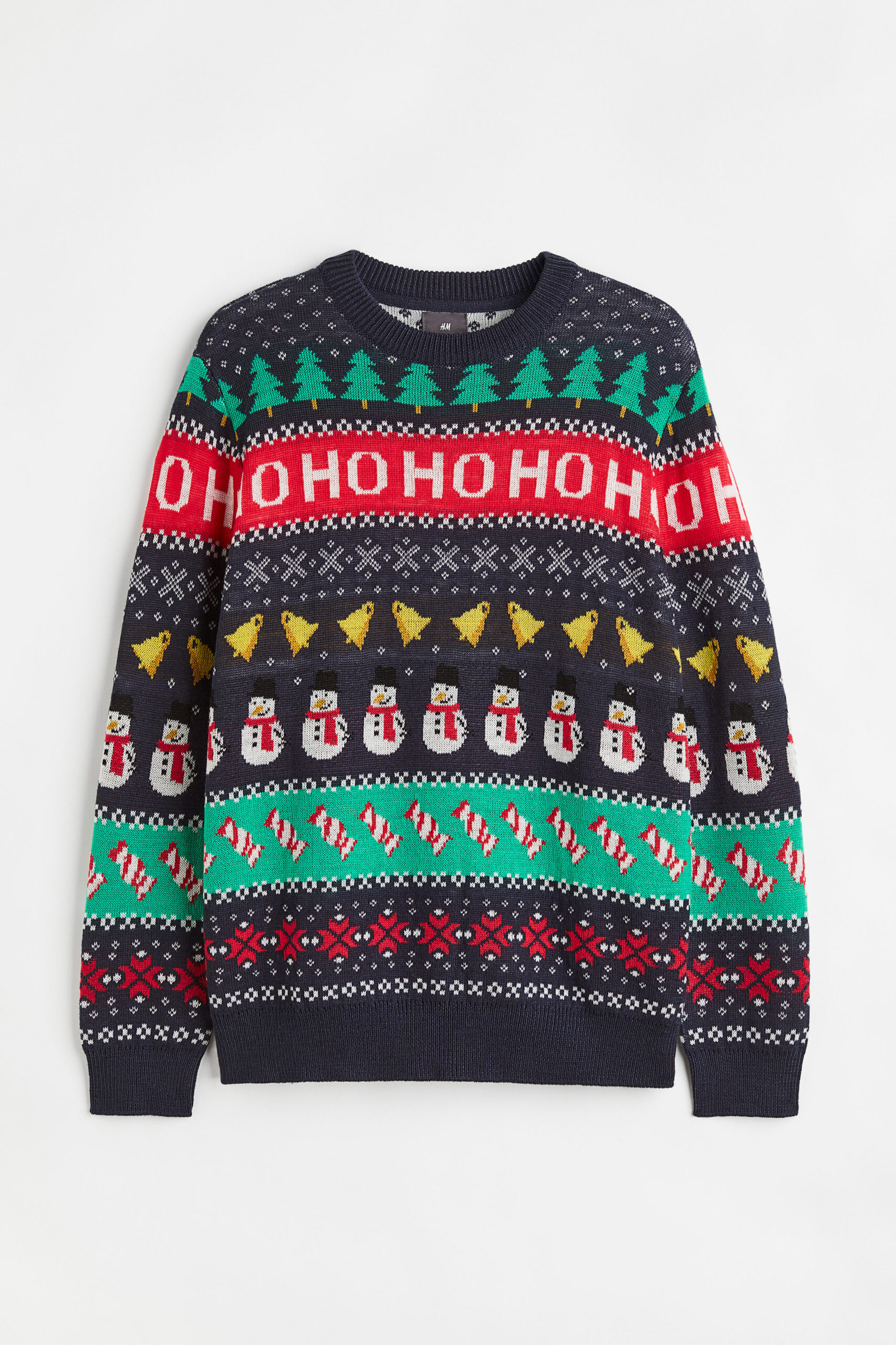 men's jacquard-knit sweater with patterns of trees, bells, snowmen, candies, and "ho ho ho"