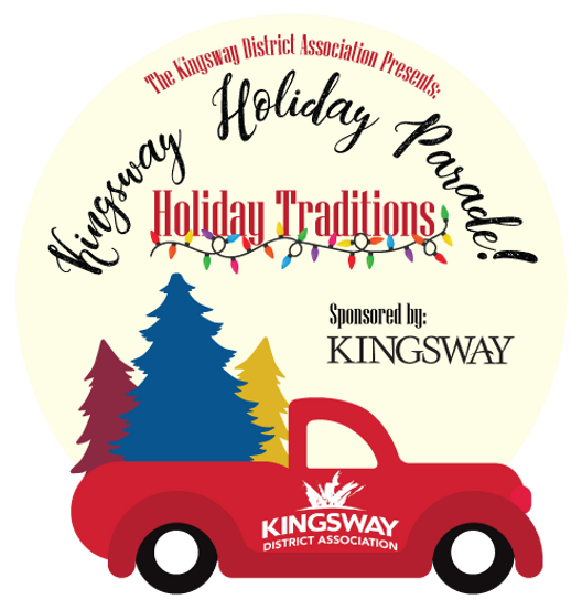 kingsway holiday parade logo with red truck filled with Christmas trees