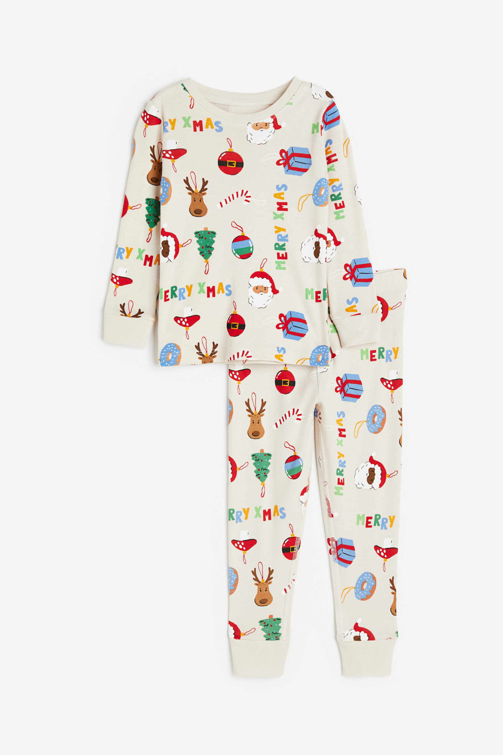 boys pajama set with "merry xmas" in writing and cartoon reindeer, ornaments, presents and trees