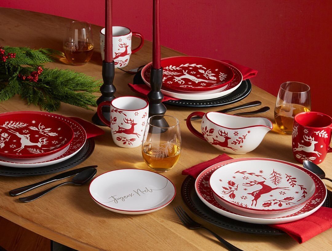 tablescape of red and white holiday themed dishes on dining table