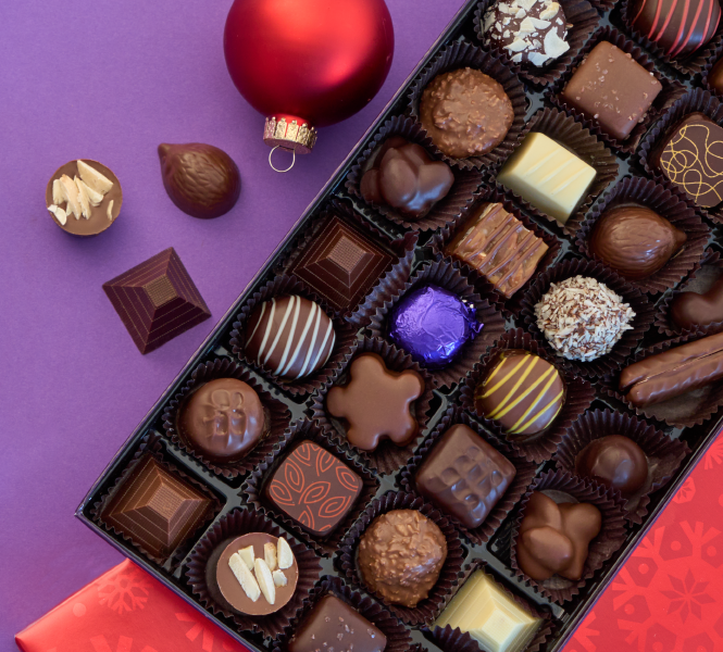 variety box of chocolates with Christmas packaging