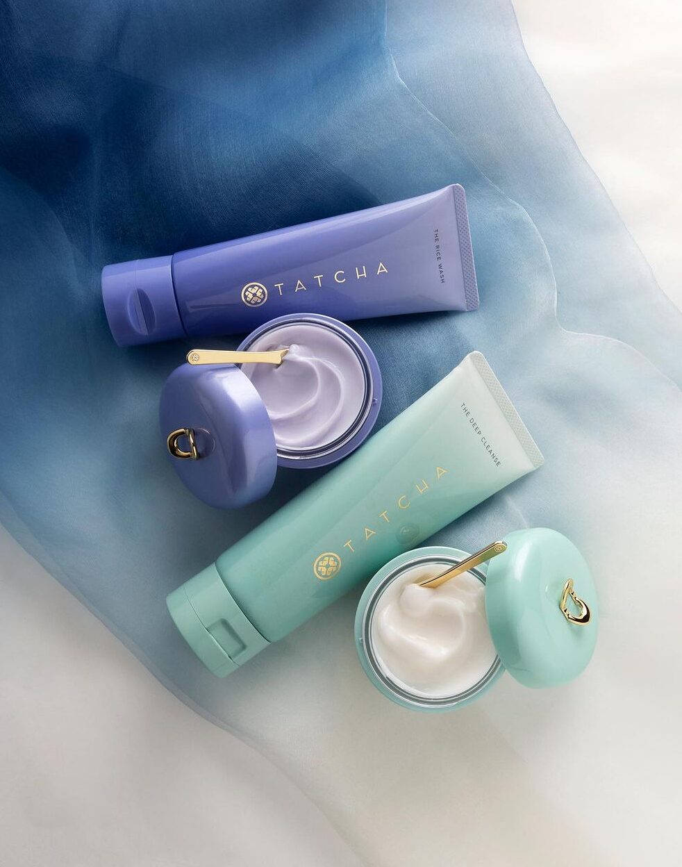 Tatcha The Rice Wash cleanser, The Deep Cleanse face wash, The Dewy Skin cream, and The Water Cream