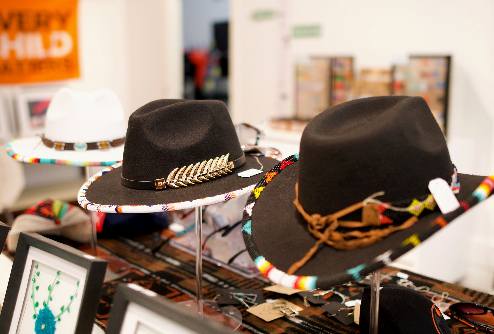 Indigenous style hats on display