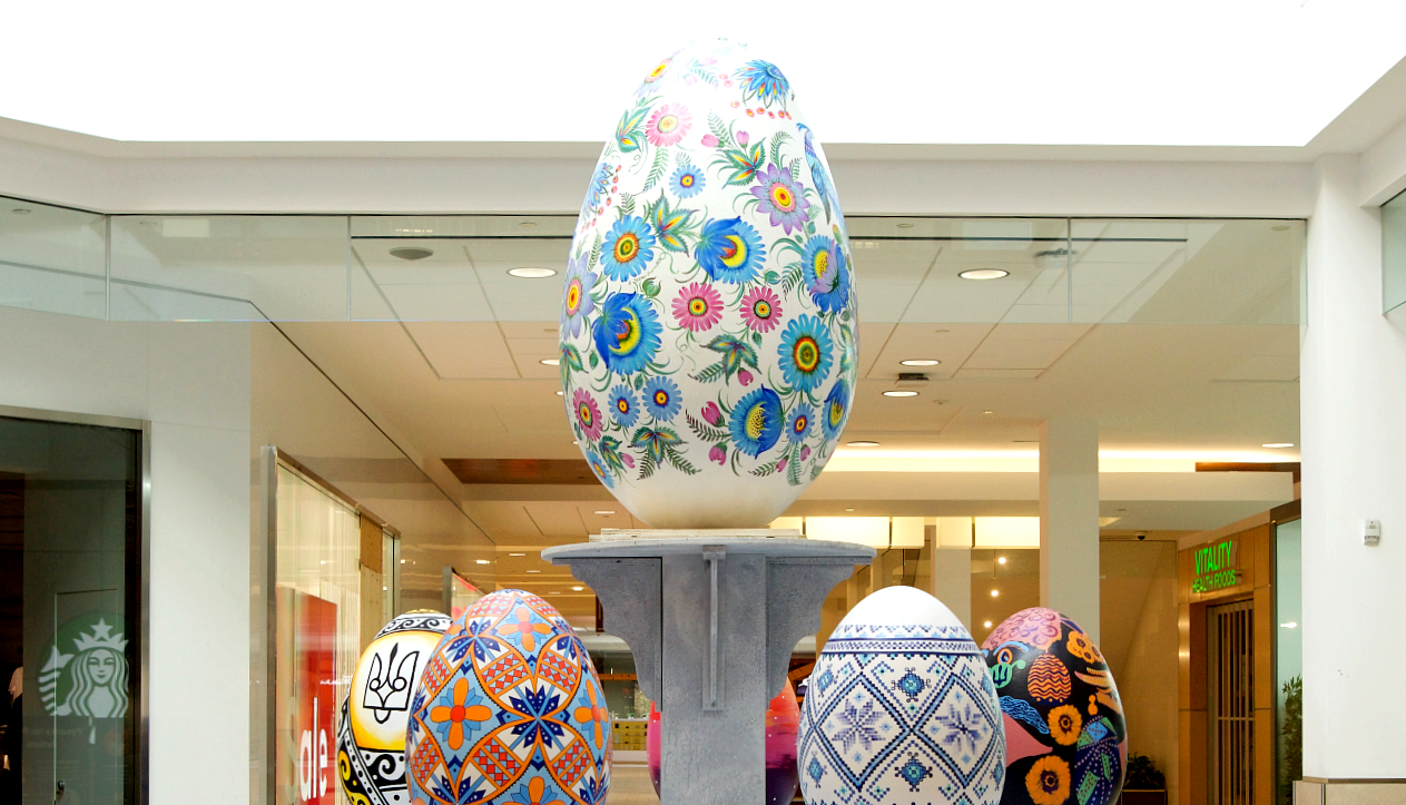 Pysanky for Peace display inside Kingsway Mall, featuring traditionally painted Ukrainian pysanky