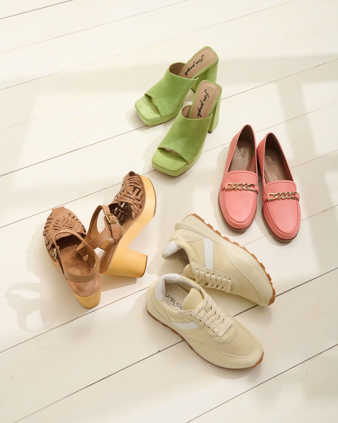 spring coloured variety of shoes, including loafers, heels, and sneakers