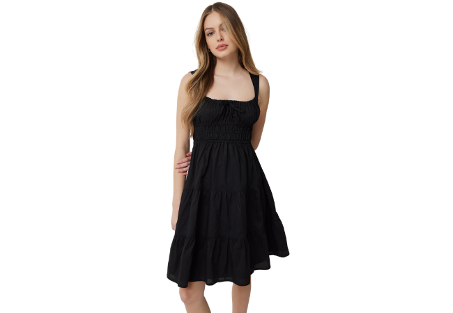 girl wearing mid-length black tanktop summer dress