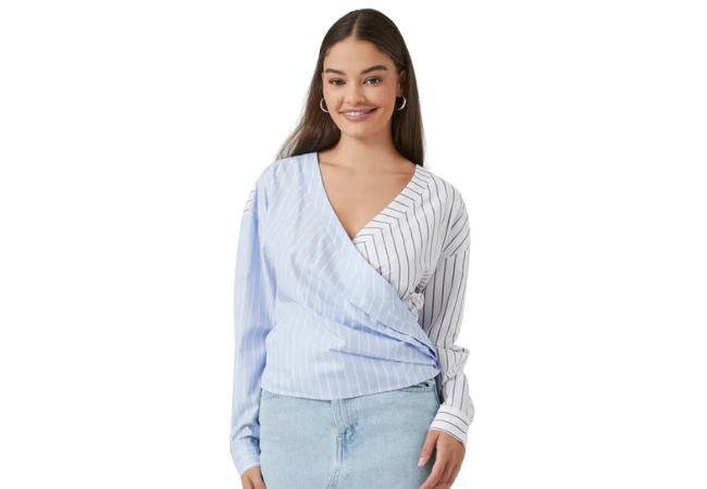 girl wearing blue and white poplin pinstriped wrap long sleeve from Forever 21