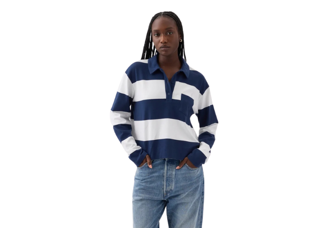 woman wearing blue and white striped rugby polo long sleeve shirt from Gap
