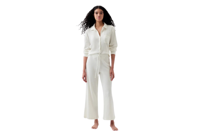 women's white pajama set with long sleeve shirt and cropped pants from Gap