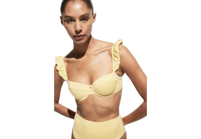 model wearing yellow bikini top and bottom