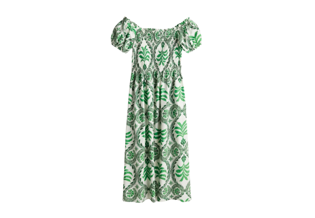 green patterned off the shoulder poplin dress from H&M