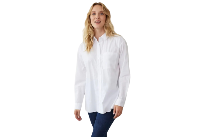 woman wearing white long sleeve button up shirt from Reitmans