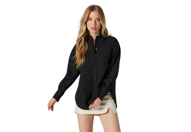 women's black long sleeve poplin button up shirt