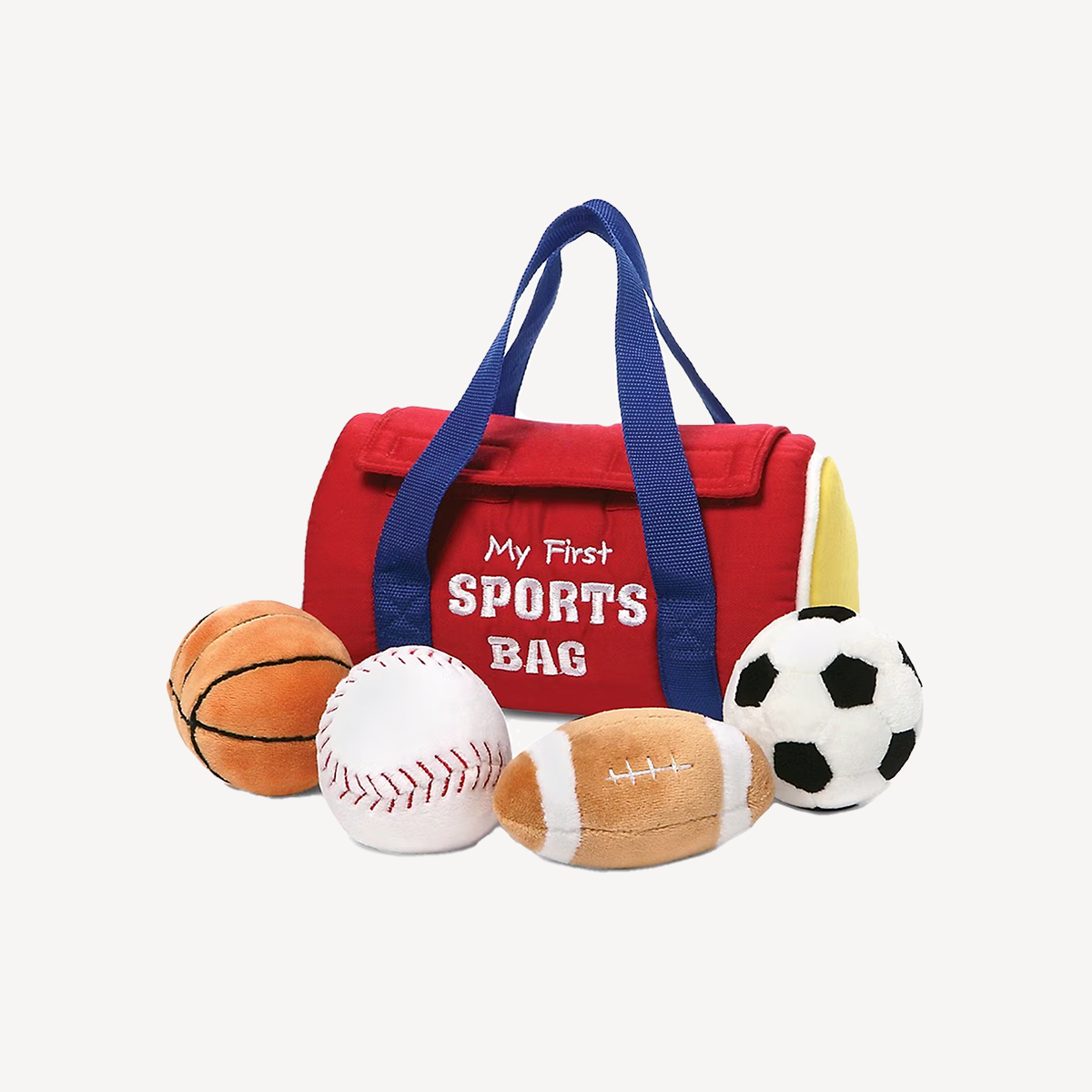 Red sports bag surrounded by four plush sports balls