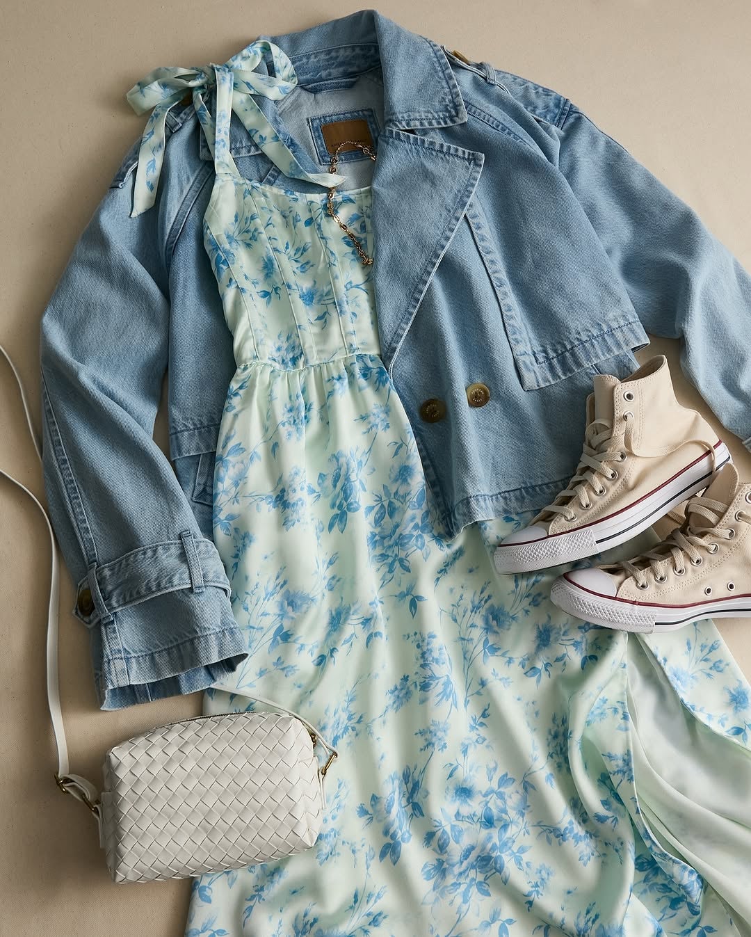 blue floral dress and jean jacket from American Eagle