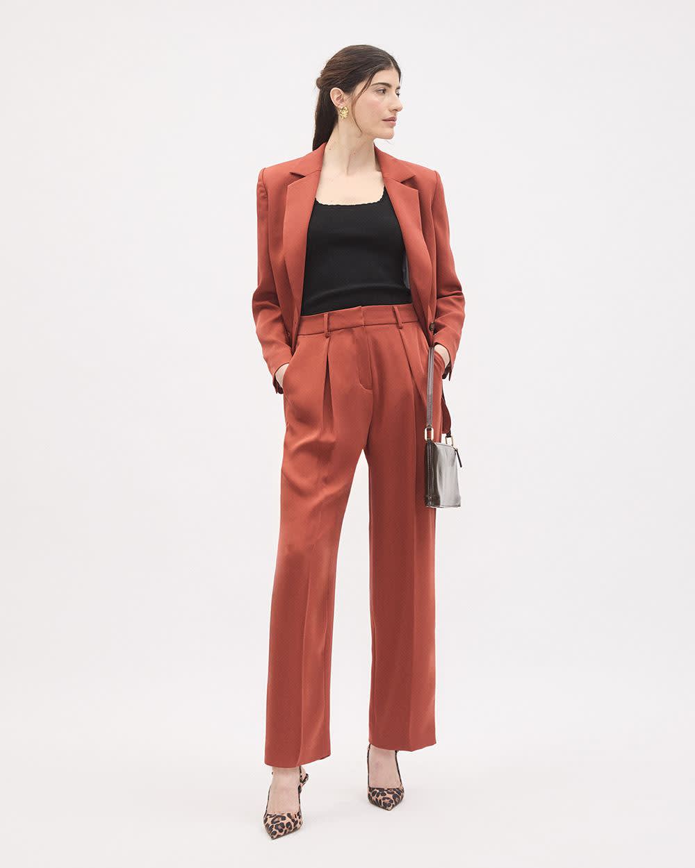 woman wearing red pant suit from RW&CO