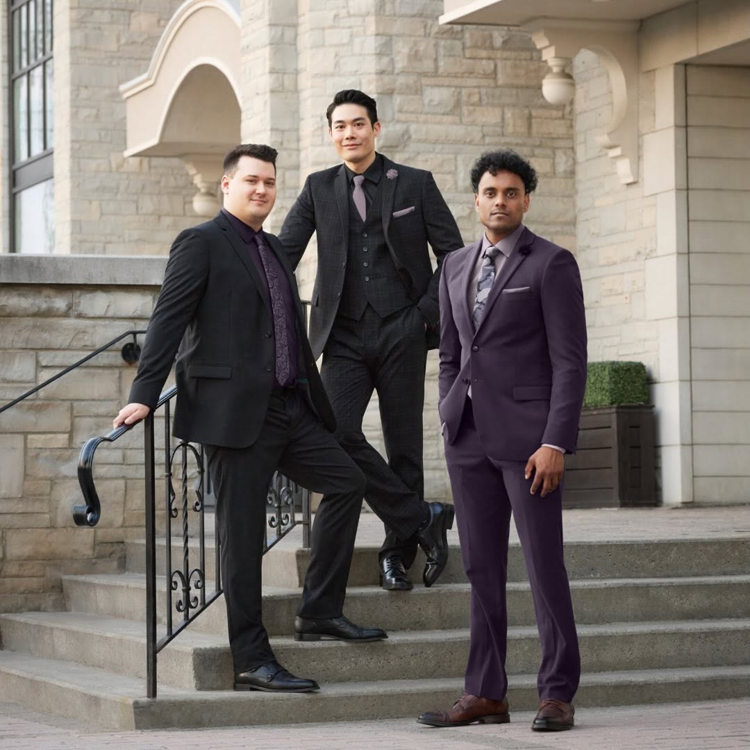 men wearing black and purple suits from Tip Top Tailors