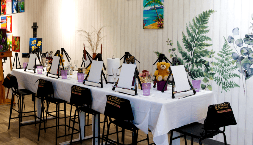 painting station with blank canvases at Mali's Art Studio